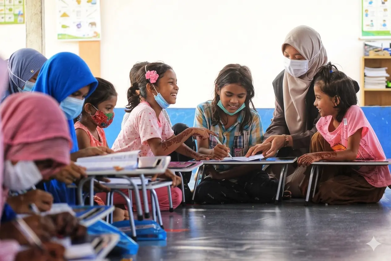 Underprivileged child studying in classroom